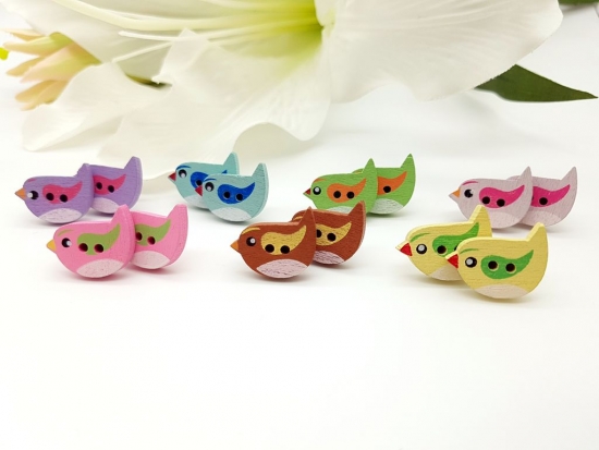 Spatz Knopf Ohrstecker Vögelchen Holz Button